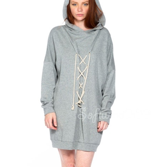 ☝️Gray Laced Up Hooded Long Tunic Sweatshirt Dress - Picture 2 of 7